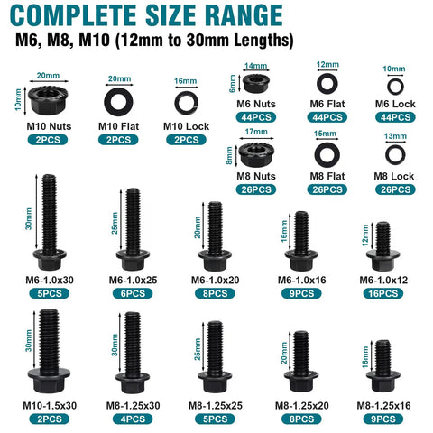 288 Piece Metric Flange Bolt Kit With M6 M8 M10 Bolts, Nuts And Washers In 12mm To 30mm sizes displayed in a layout