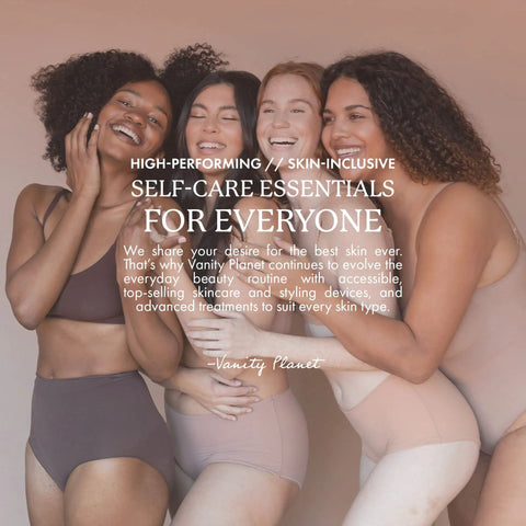Group of women in neutral-toned underwear embracing, representing self-care and inclusivity for all skin types.