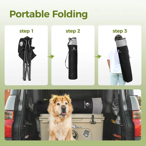 Heavy Duty Camping Chair With 500 Lbs Capacity folding steps and dog in vehicle trunk