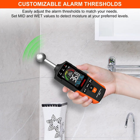 Person using Pinless Moisture Meter With Ball Probe For Non Destructive Area Scans On Wood Walls And Construction Materials