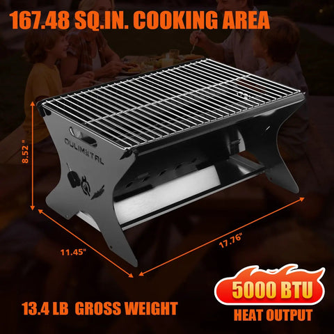 Portable Camping Grill Foldable Charcoal And Gas BBQ With Carry Bag for Outdoor Cooking and Tailgating, dimensions shown