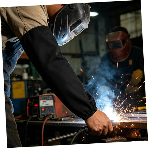 Welding in a workshop wearing Tough As Nails Heat Resistant Welding Sleeves Fire Retardant Arm Protectors For Mechanics And Grinders Black.