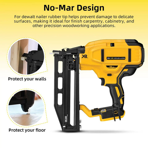 No Mar Tip Replacement For Brad Nailer Gun rubber tip shown on 16 ga DeWalt nailer to protect wood, walls, and floors