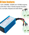 CDI box feature text with blue CDI box for High Performance Ignition Coil CDI Box and Spark Plug Kit for GY6 50cc to 150cc 4 Stroke Engines