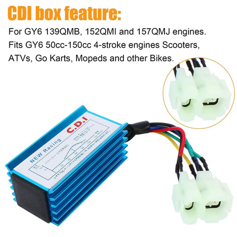 CDI box feature text with blue CDI box for High Performance Ignition Coil CDI Box and Spark Plug Kit for GY6 50cc to 150cc 4 Stroke Engines