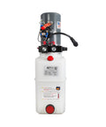 Front view of Beefy 12V Hydraulic Pump for Single and Double Acting Systems with 6 Quart Capacity Portable Durable Metal Build