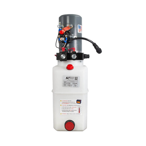 Front view of Beefy 12V Hydraulic Pump for Single and Double Acting Systems with 6 Quart Capacity Portable Durable Metal Build