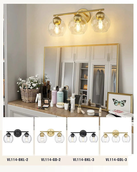 3-Light Gold Bathroom Vanity Light Fixture Over Mirror With Globe Clear Glass Shades, Dope Gold Finish Bath Lighting