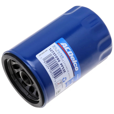 GM Original Equipment PF52E Oil Filter OE Grade Replacement For Cars And Light Trucks Delivers Strong Filtration To Guard Bearings And Engine Hydraulics, Part 12737090 Ready For Easy Upgrade. Blue GM ACDelco oil filter shown angled