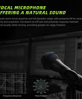 Wired XLR Dynamic Microphone For Singing And Live Gigs, Cardioid Handheld Mic For Stage And Studio, On Off Switch shown with graphs