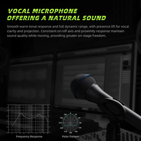 Wired XLR Dynamic Microphone For Singing And Live Gigs, Cardioid Handheld Mic For Stage And Studio, On Off Switch shown with graphs