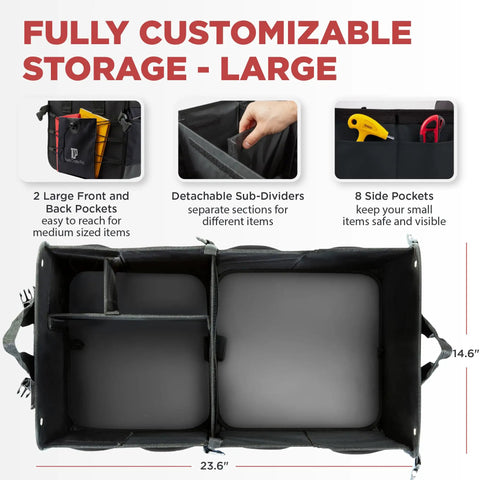 Heavy Duty Trunk Organizer For Cars, SUVs And Trucks With Adjustable Compartments, Collapsible Design shown in large size