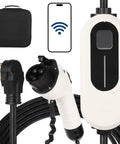 Level 2 EV Charger 40 Amp 240 Volt With Nema 14-50 Plug And 25 Foot Cord with charger plug, cord, and mobile app interface.