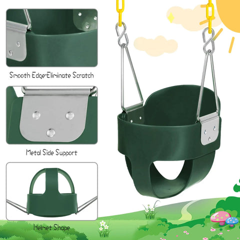 Kid Friendly Toddler Swing Seat With Coated Chains And Heavy Duty High Back Bucket For Outdoor Backyard Play Includes Tree Straps And Hooks For Swing Sets, shown with close-up of metal side support, smooth edges, and helmet shape design.