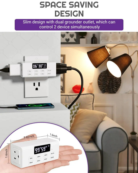 Slick Indoor Dual Plug In Countdown Timer Outlet Two Pack with big screen in a living room, showing its space-saving design.