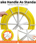 Close-up of Fiberglass Fish Tape 500Ft One Quarter Inch Duct Rodder Wire Puller with steel reel and brake handle.