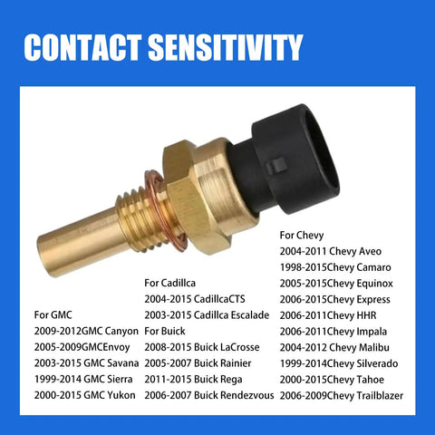 Engine Temperature Sensor Replacement For Auto DIY Friendly Durable Automotive Temperature Sensor Compatible With Delphi 15404280 12191170 60811520 12608814 Gold Finish FASCGQ2001GO 1 Pack, shown with connector details and application range.