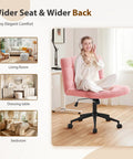 Woman sitting on Swivel Criss Cross Legged Office Chair With Wheels For Home Office And Vanity Wide Armless Desk Chair Height Adjustable Cozy Padded Seat In Faux Fur Pink Ideal For Desk Bedroom