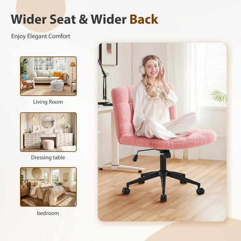 Woman sitting on Swivel Criss Cross Legged Office Chair With Wheels For Home Office And Vanity Wide Armless Desk Chair Height Adjustable Cozy Padded Seat In Faux Fur Pink Ideal For Desk Bedroom