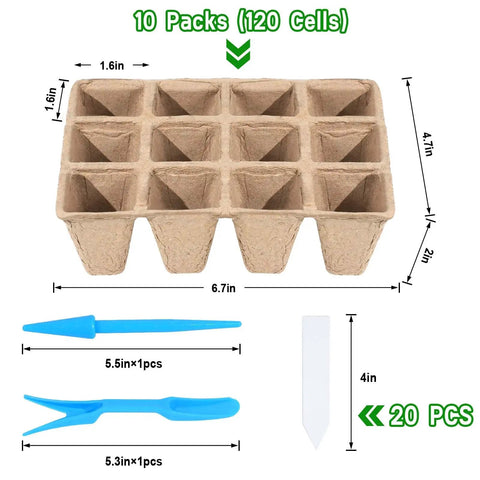 Biodegradable Seed Starter Tray Kit With 120 Cell Trays Ten Pack Seedling Pots Twenty Labels And Two Transplant Tools dimensions