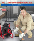Heavy Duty Electric Drain Snake Automatic Feed Anti Twist Cable Makes Quick Work Of Stubborn Clogs In Toilets Sinks And Showers Including Six Cutting Heads And Gloves For Easy Plumbing Fixes in a bathroom setup.