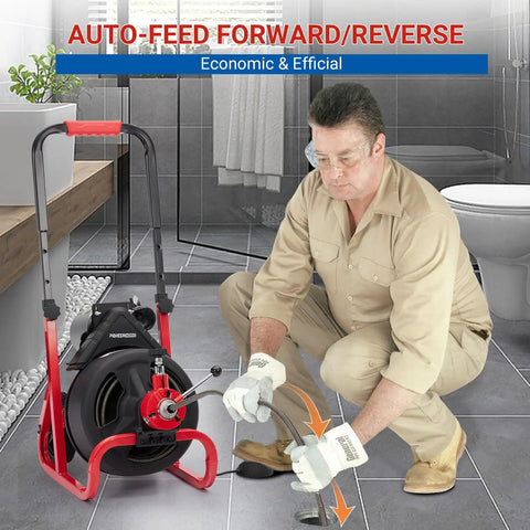Pro Grade Auto Feed Electric Drain Cleaner 75 Ft Heavy Duty Plumbing Snake in use with user clearing drain clogs.