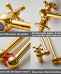 Brass Pot Filler Faucet Wall Mount With Folding Double Joint Swing Arms Titanium Gold Finish, multiple detail views