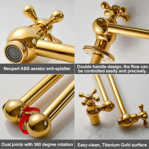 Brass Pot Filler Faucet Wall Mount With Folding Double Joint Swing Arms Titanium Gold Finish, multiple detail views