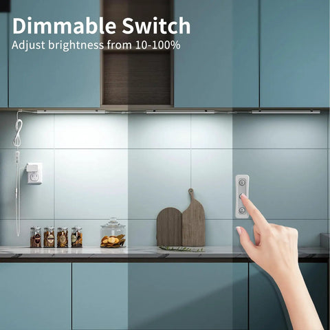 Under Cabinet LED Light Kit 3 Pack 12 Inch Linkable Plug In No Fuss Dimmable Daylight White 4500K installed in kitchen