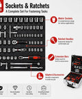 Sockets and ratchets from 899-Piece Home Repair Tool Set With Rolling Aluminum Tool Chest And Four-Drawer Case on display