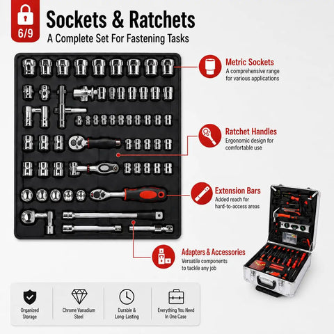Sockets and ratchets from 899-Piece Home Repair Tool Set With Rolling Aluminum Tool Chest And Four-Drawer Case on display