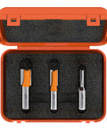 Three Piece Plywood Groove Router Bit Set With One Half Inch Shank For Perfect Plywood Joints in orange case, 15/64, 31/64, 21/32 sizes visible