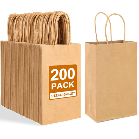 Bulk 200Pcs Kraft Paper Gift Bags With Handy Handles 5.25x3.25x8.25 Inches Durable Brown Gift Wrap Bags For Small Business