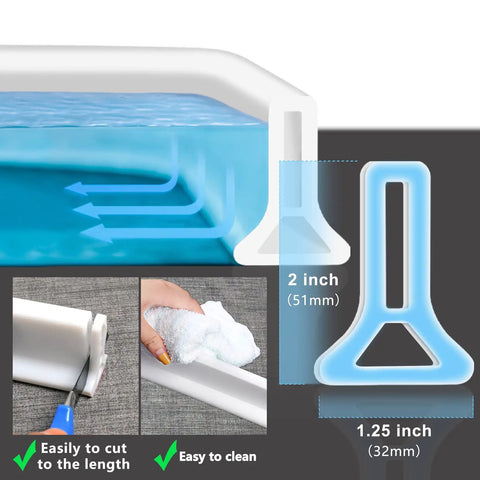 67 Inch Collapsible Shower Threshold Water Dam Barrier For Dry And Wet Separation In Bathroom And Kitchen flexible profile, dimensions, cutting demonstration.