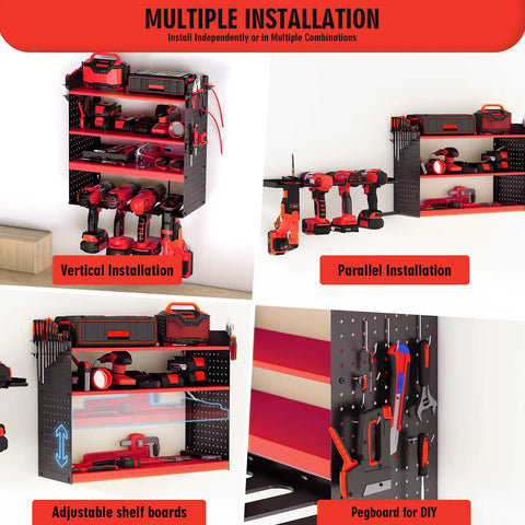 Power Tool Rack With Adjustable Height Wall Mount Red Tool Storage Organizer For Pegboard And Side Mount Garage, Heavy Duty 280 Lbs Capacity