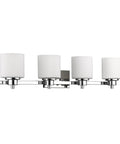 4-Light Chrome Bath Vanity Wall Fixture With Alabaster Glass Shades And Etched Details 33-Inch Wide White Finish