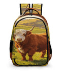 White Face Highland Cattle Pasture Print Backpack for Everyday Use featuring durable polyester and smooth zipper, ideal for travel.