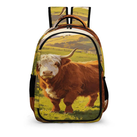 White Face Highland Cattle Pasture Print Backpack for Everyday Use featuring durable polyester and smooth zipper, ideal for travel.