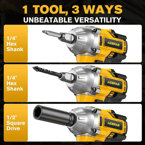 Heavy Duty Brushless Cordless Impact Wrench With 500 Nm Torque And 369 Ft Lbs showcasing 1/4" and 1/2" drive configurations.