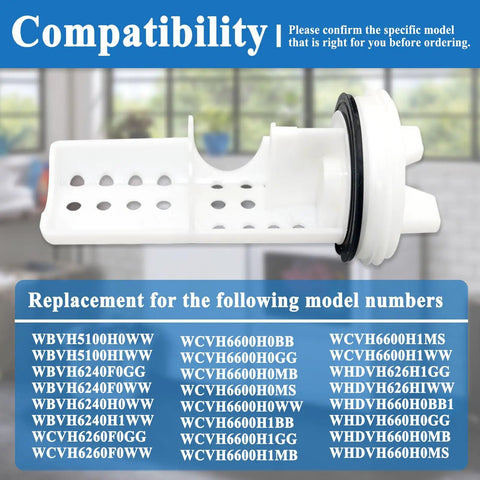Washer Drain Pump Filter Replacement That Replaces WH23X10029 And WH23X10027 Plus AP7205454 with compatibility list.