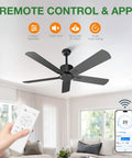 52 Inch Black Outdoor Flush Mount Ceiling Fan With Remote Control No Light, 5 Blades, 6 Speed DC Motor, Ultra Quiet
