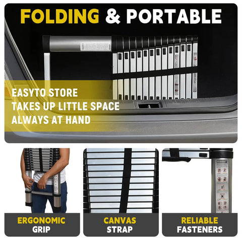 Fourteen And A Half Foot Telescoping Ladder For Home Use Lightweight Aluminum Retractable Collapsible Step Ladder With Non Slip End Caps And 330 Pound Capacity For Do It Yourself Projects And Home Quick Fixes folded and stored