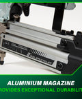 Pro 18 Gauge Brad Nailer For Trim And Furniture Projects Pneumatic Finish Nail Gun With Lightweight Aluminum Magazine close-up.