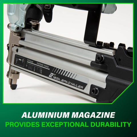 Pro 18 Gauge Brad Nailer For Trim And Furniture Projects Pneumatic Finish Nail Gun With Lightweight Aluminum Magazine close-up.