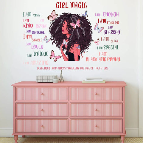 Black Girl Wall Decal With Inspirational Quote And Butterfly Sticker above pink dresser, motivational wall art for kids.
