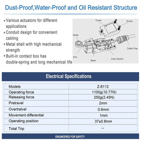 Diagram and specs of Beefy Parallel Roller Plunger Limit Switch DPDT 5A 250VAC IP65 for CNC mill laser plasma machinery.