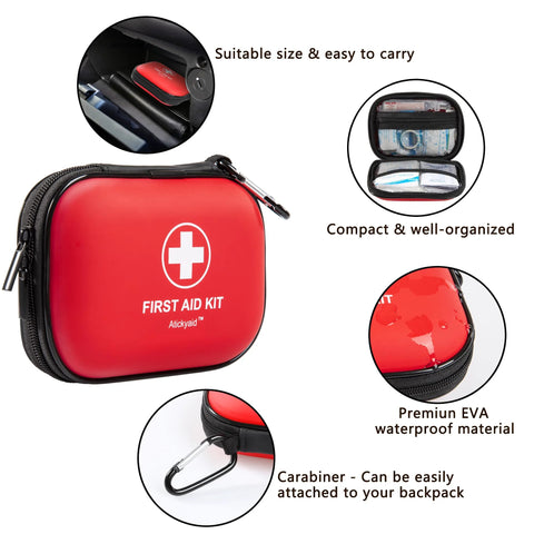 Front view of red mini hard-shell first aid kit; compact EVA waterproof case with carabiner, 120-piece set