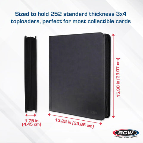 9-Pocket LX Top Loader Binder in Black Leatherette showing dimensions for 3x4 toploaders, archival side-loading pages.