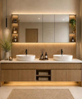 66 Inch Freestanding Double Sink Bathroom Vanity With Led Mirror And Textured Wood Finish, featuring dual bowl sinks and warm under-cabinet lighting.