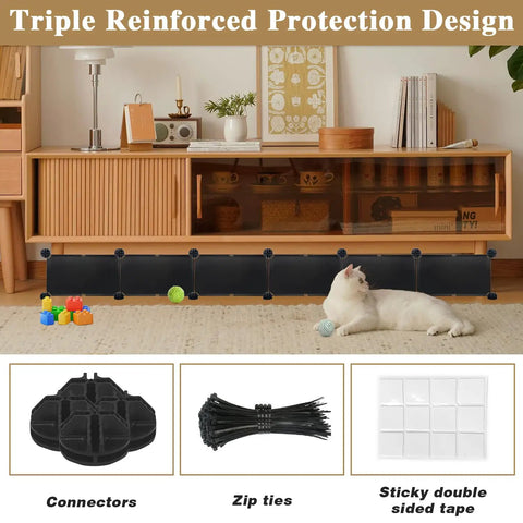 Real Deal Pet Proof Under Couch Barrier Stops Sneaky Dogs And Cats From Hiding Under Furniture While Securing Loose Toys Includes Quick Setup Kit And Tough Black Panels laid out with connectors and zip ties.